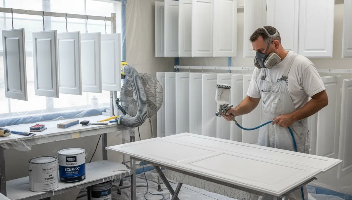 Professional cabinet painting process in Lakeland, FL using spray technique for smooth kitchen finishes