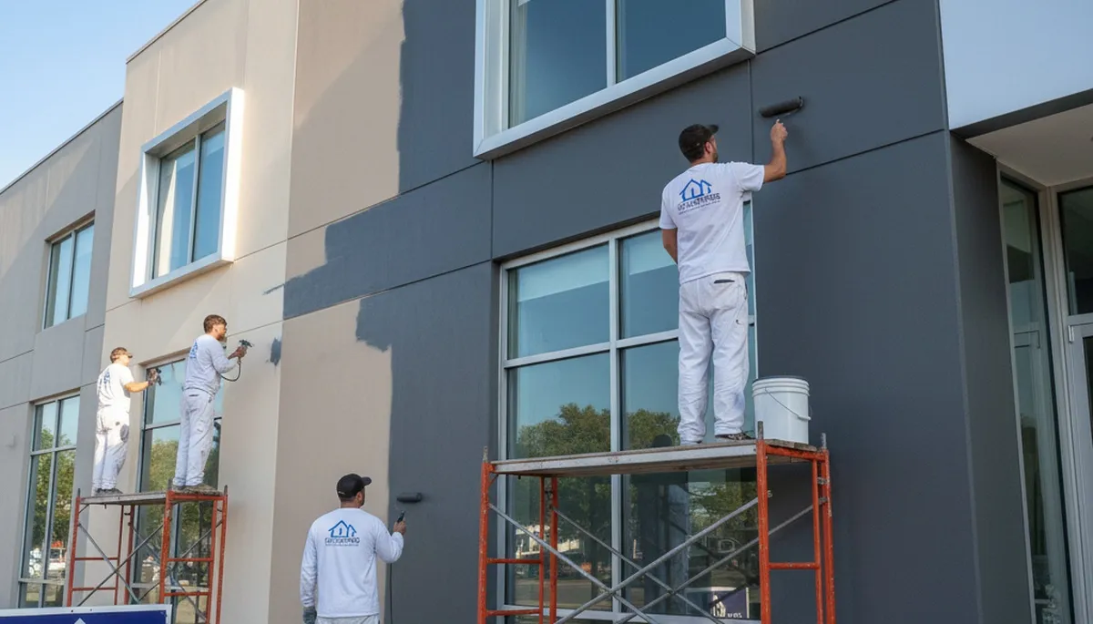 Professional commercial painters finishing office exterior in Lakeland, FL for business painting services
