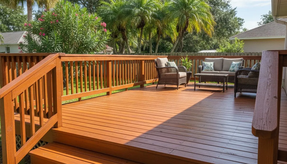 Finished deck staining in Lakeland FL showcasing rich wood color and weather protection by local painters