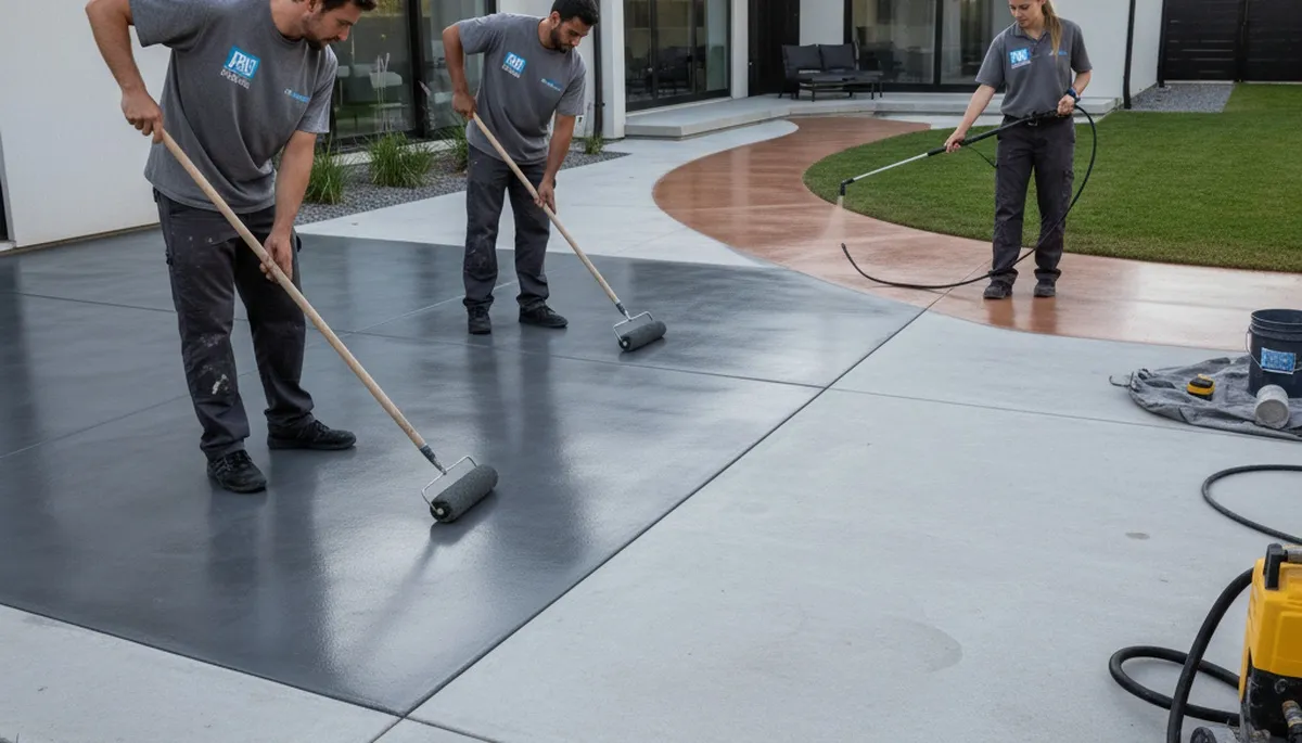 Professional concrete staining on driveway in Lakeland, FL by expert house painters