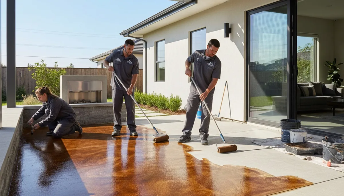 Professional concrete staining on patio floor in Lakeland, FL by local house painting experts