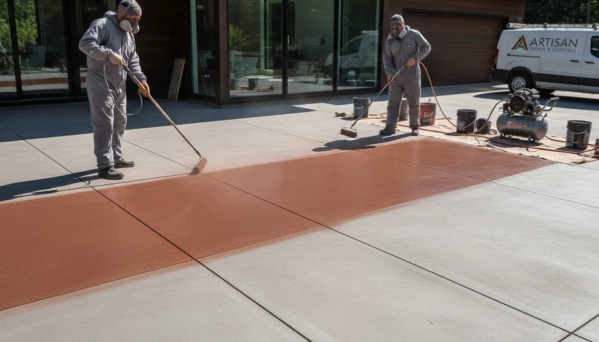 Professional concrete staining on Lakeland FL patio by expert house painters for durable finish