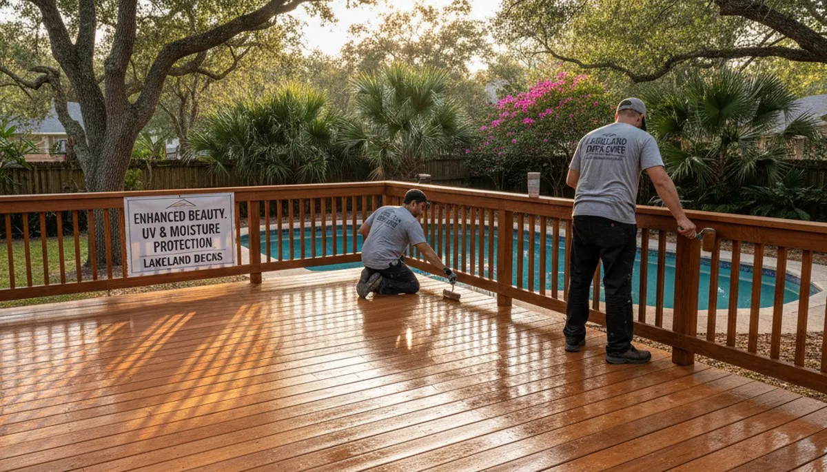 Professional deck staining in Lakeland FL protecting wood with UV-resistant, weatherproof finish