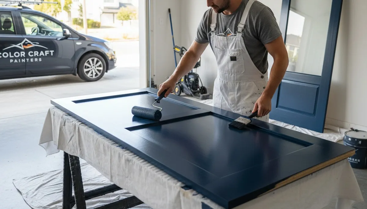 Professional painter refinishing front door in Lakeland, FL for durable, weather-resistant finish