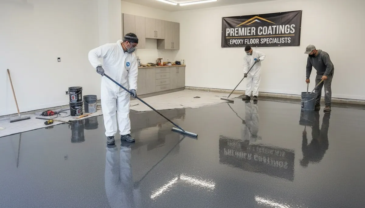 Epoxy floor coating in Lakeland FL garage by professional painters protecting concrete from moisture and wear