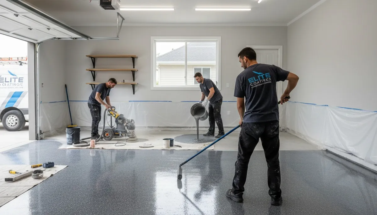 Epoxy garage floor coating in Lakeland FL applied by professional painters for durable, glossy finish