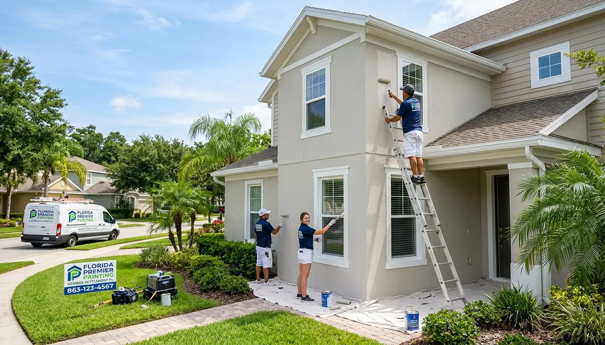 Professional house painters finishing exterior home in Lakeland, FL