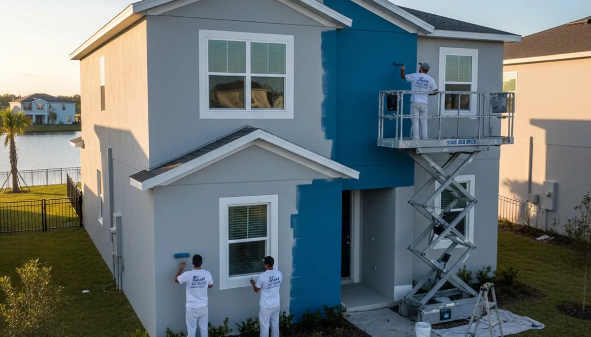House painters in Lakeland, FL preparing a home for exterior painting with professional equipment