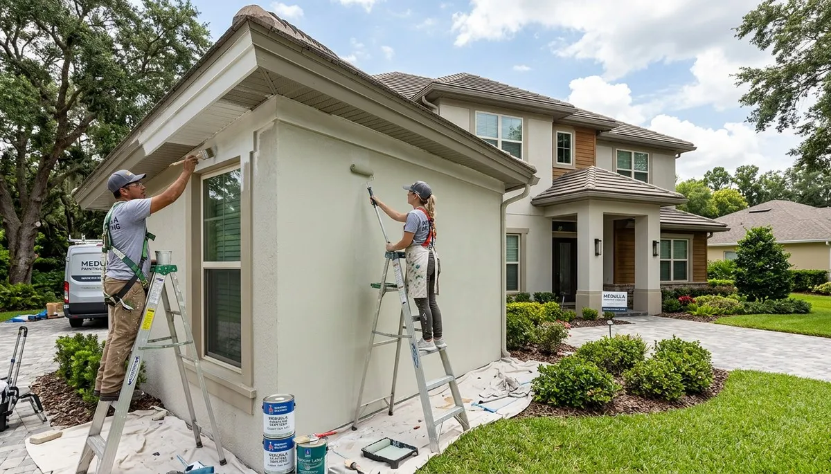 Professional house painters in Lakeland FL applying exterior paint to a residential home