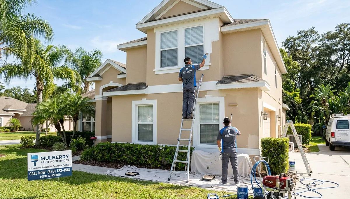 Professional house painters in Lakeland FL applying fresh exterior paint to a residential home