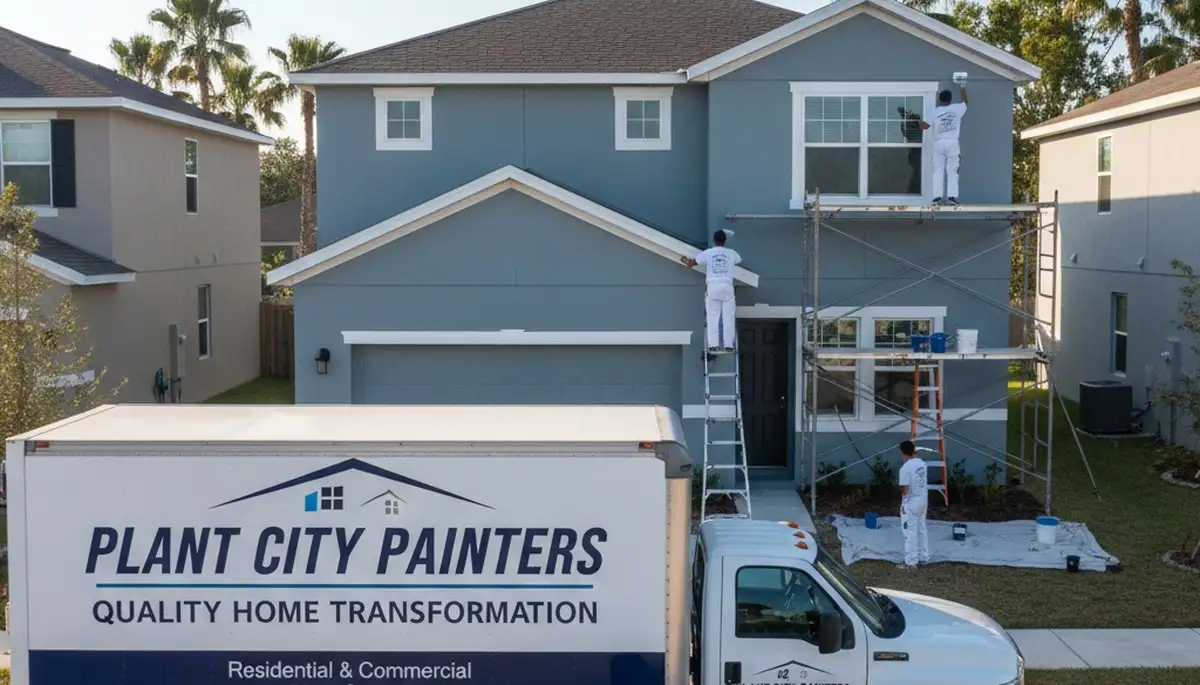 House painters in Lakeland, FL preparing a home exterior for professional painting