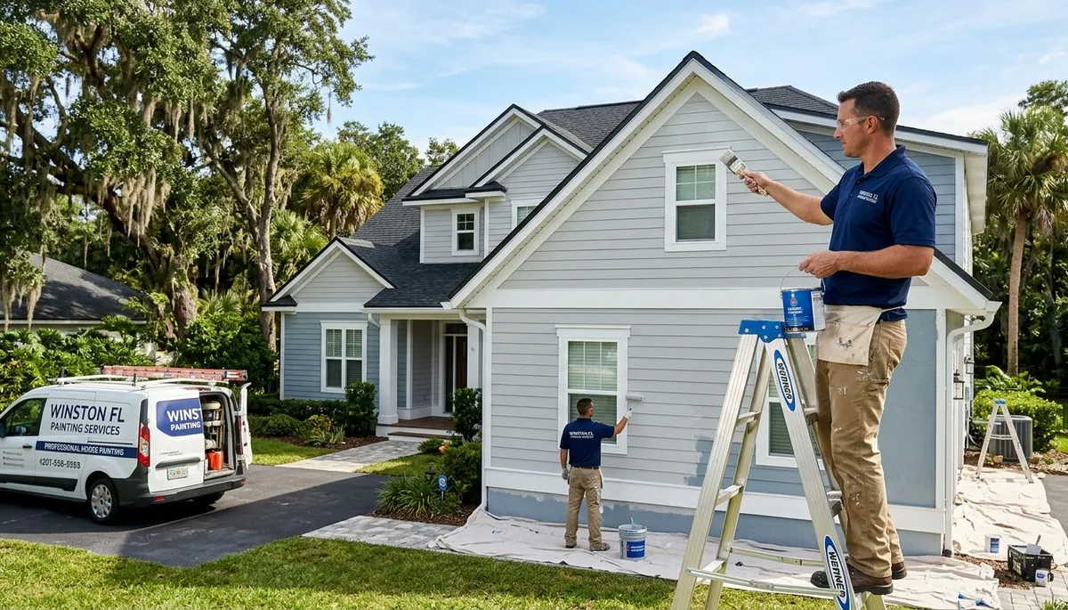 Professional house painters in Lakeland FL applying exterior paint to a residential home