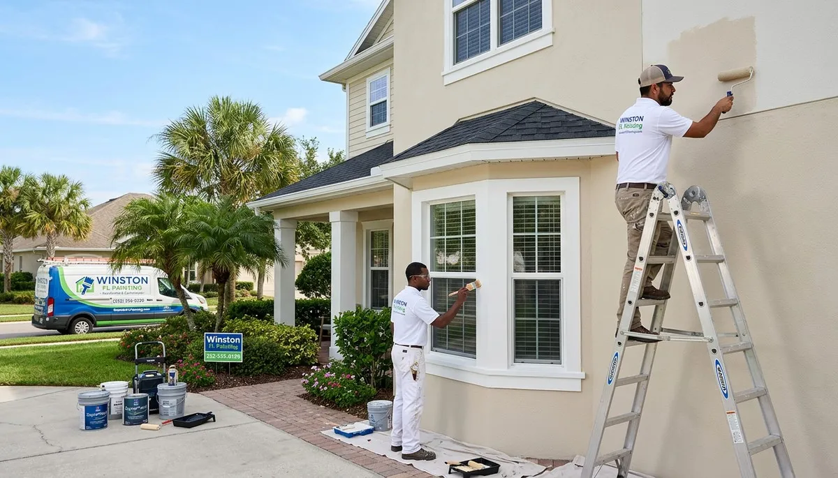 Professional house painters in Lakeland FL painting home exterior with quality residential finish