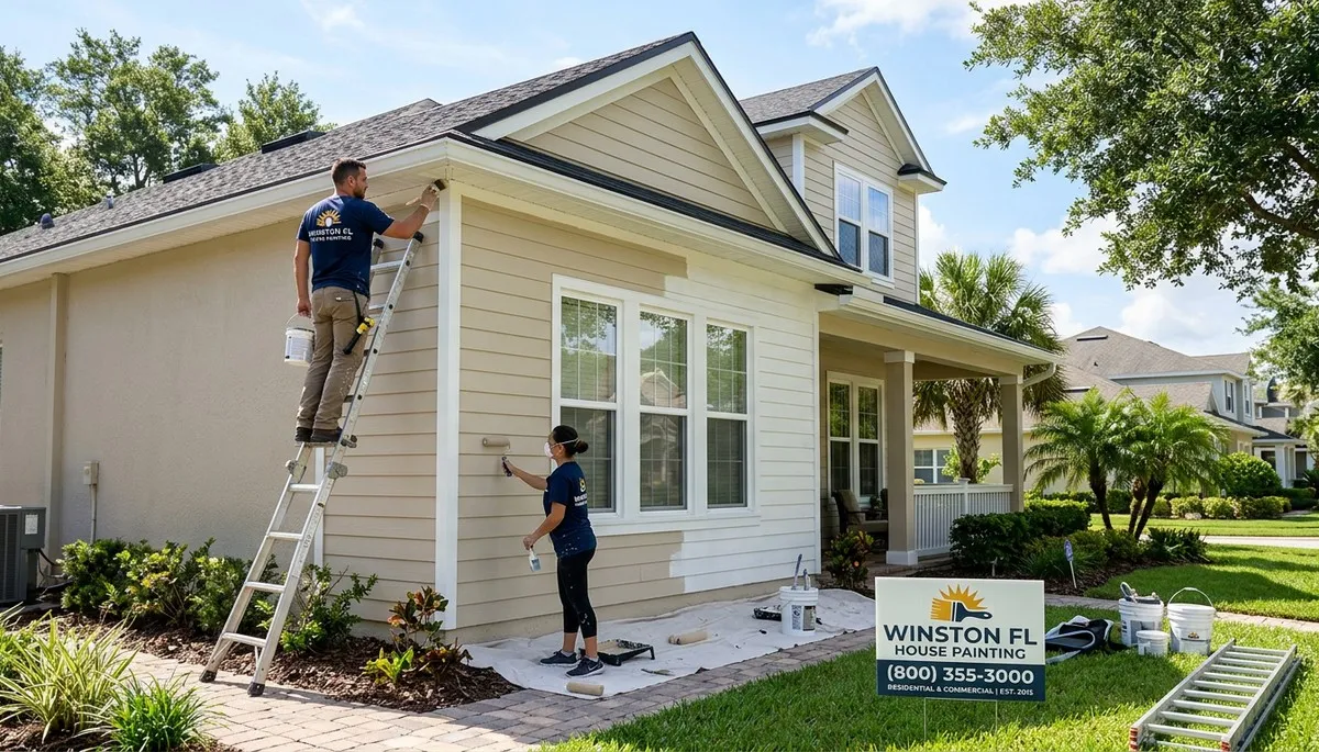 Professional house painters in Lakeland FL painting exterior home with fresh coat of durable paint