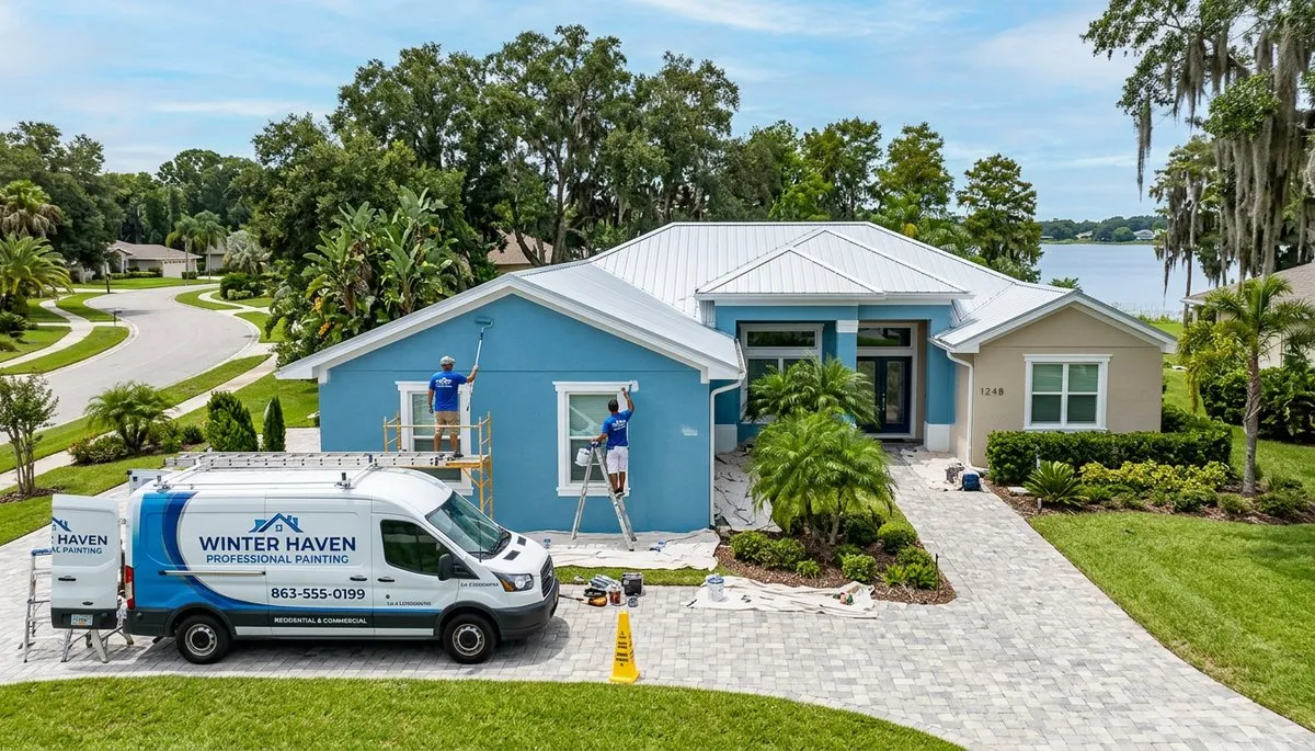 Professional house painters in Lakeland FL applying fresh exterior paint to a residential home