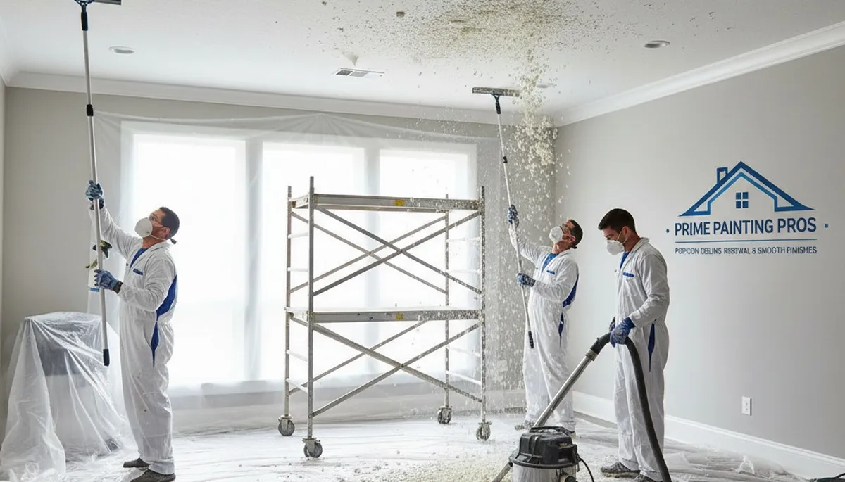 Painter removing popcorn ceiling in Lakeland FL home for smooth modern interior finish