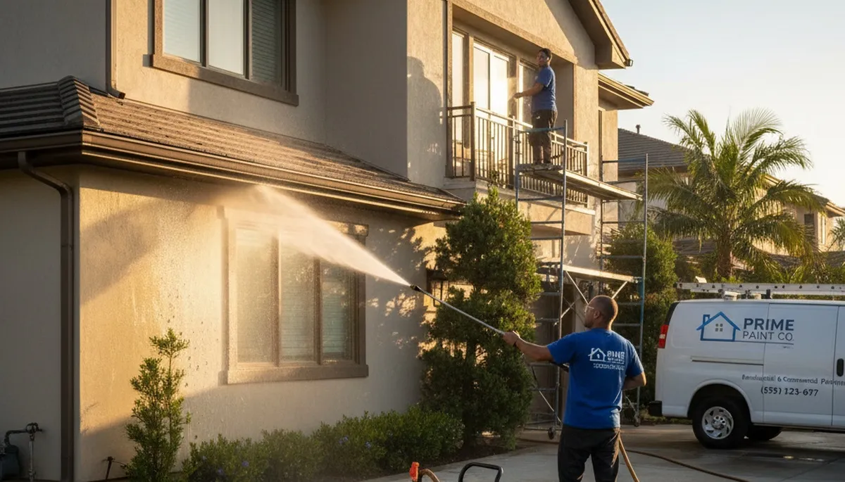 Professional pressure cleaning on home exterior in Lakeland, FL for mildew and driveway restoration