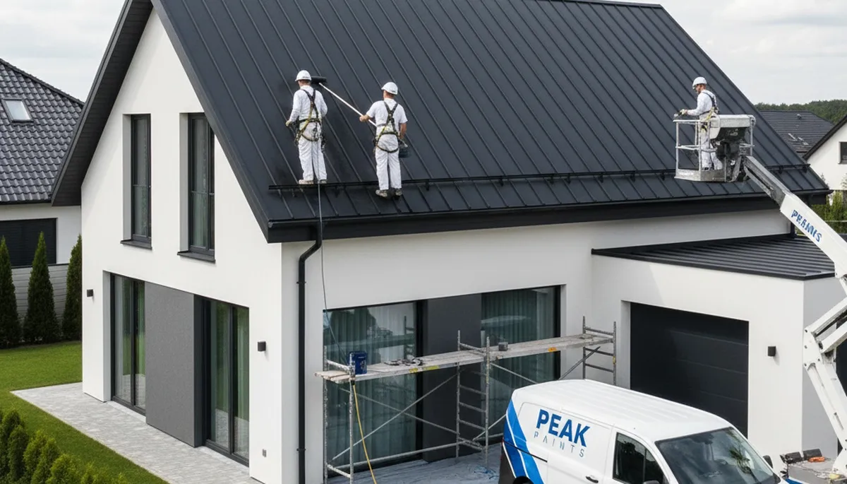 Professional roof painters coating home roof in Lakeland, FL for sun and storm protection