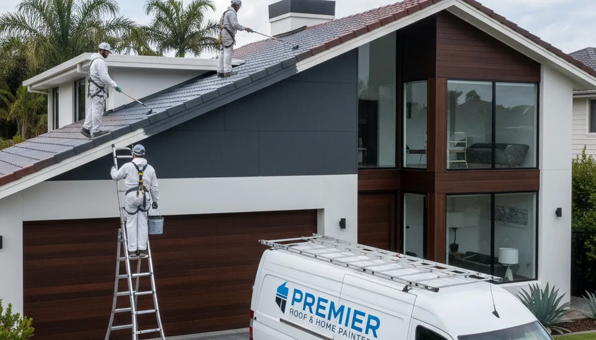 Professional roof painters applying reflective coating in Lakeland, FL to protect homes from heat and storms