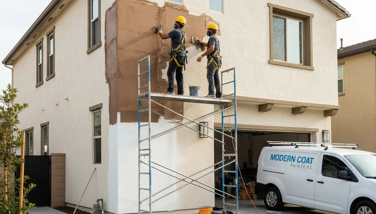 Professional stucco repair on Lakeland FL home exterior by local house painting experts